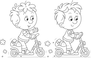 Happy little boys merrily riding their toy scooters on a playground in a park on a summer vacation, black and white vector cartoon illustration for a coloring book