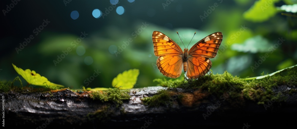 Poster an orange butterfly perched on a leaf with one of its wings torn off. creative banner. copyspace ima