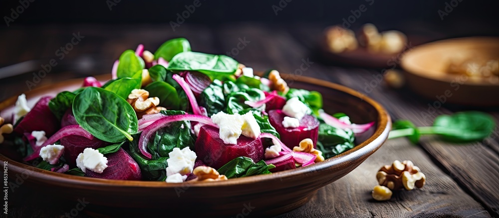Poster tasty spinach salad with boiled beetroot feta cheese walnut and red onion on wooden table healthy ve