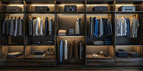 Front view of dressings room with clothes hanging wooden wardrobe background.