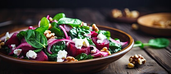 Tasty spinach salad with boiled beetroot feta cheese walnut and red onion on wooden table Healthy vegetarian food. Creative banner. Copyspace image