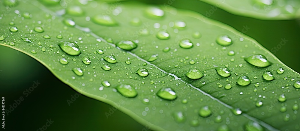 Poster fresh green leaf edge view with little drops. creative banner. copyspace image