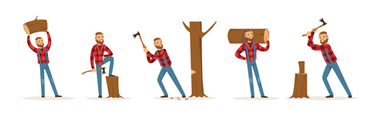Man Lumberjack in Checkered Shirt Working Cutting and Chopping Wood Vector Set
