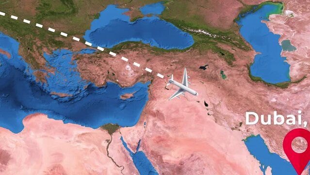 International flight travel route from Paris to Dubai on worlds map in 4K