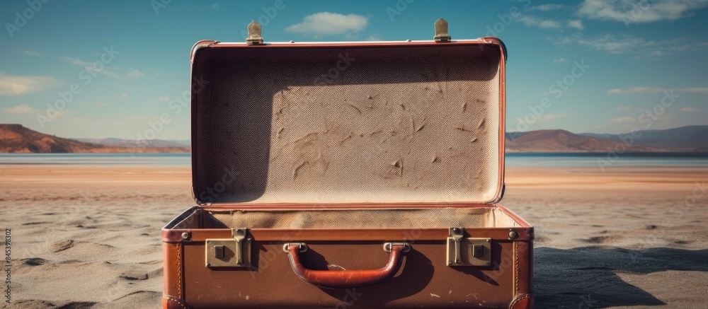 Poster open suitcase packed for travelling close up. creative banner. copyspace image