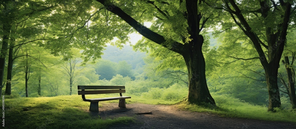 Poster cool forest scenery with a bench. creative banner. copyspace image