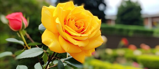 Yellow rose in the garden. Creative banner. Copyspace image