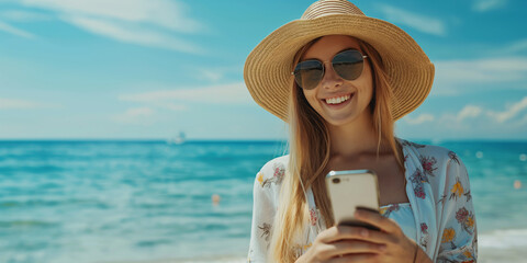 Basking in the sunshine on a beach vacation, a young woman smiles while taking selfies with her smartphone