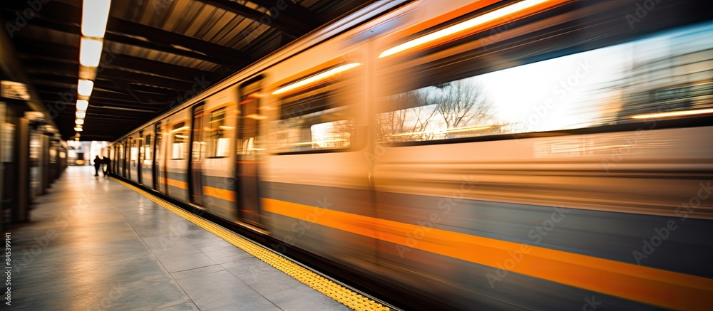 Poster a scene where a suburban train traveling in high speed providing blur motion effect with selective f