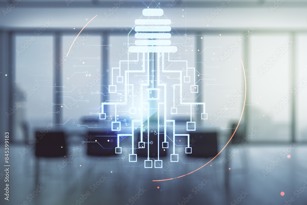 Poster virtual creative light bulb with chip hologram on a modern boardroom background, artificial intellig