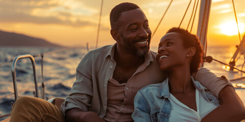 Carefree couple enjoying a romantic yacht vacation, smiling and embracing at sunset, radiating happiness and love
