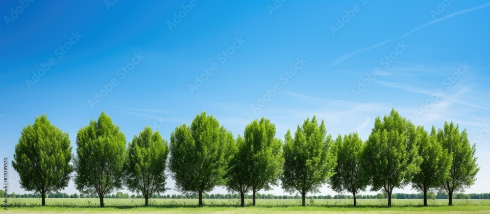 Poster a line of green trees in a forest under a clear blue sky. creative banner. copyspace image