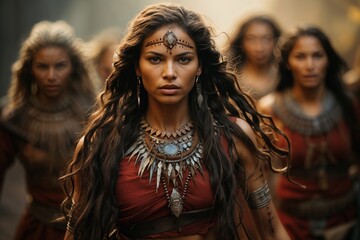 Fototapeta premium Fierce Female Warriors Wearing Tribal Jewelry Leading a Charge in Battle