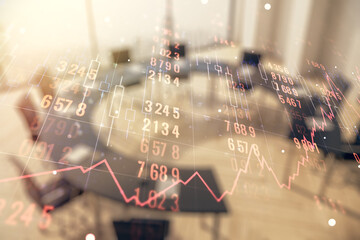 Multi exposure of creative statistics data hologram on a modern meeting room background, stats and analytics concept