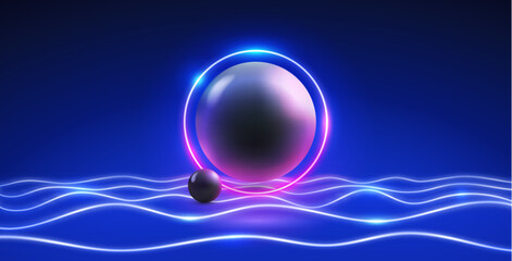 Empty Abstract Wavy Blue Neon Background with Dark Sphere in Retro Wave Style. Vector clip art for your music project design.