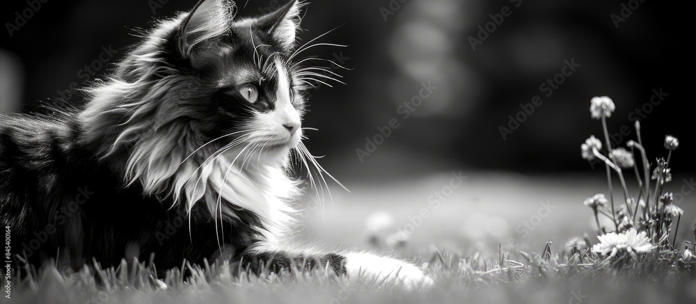 Poster black and white cat lying on the grass in the backyard. creative banner. copyspace image