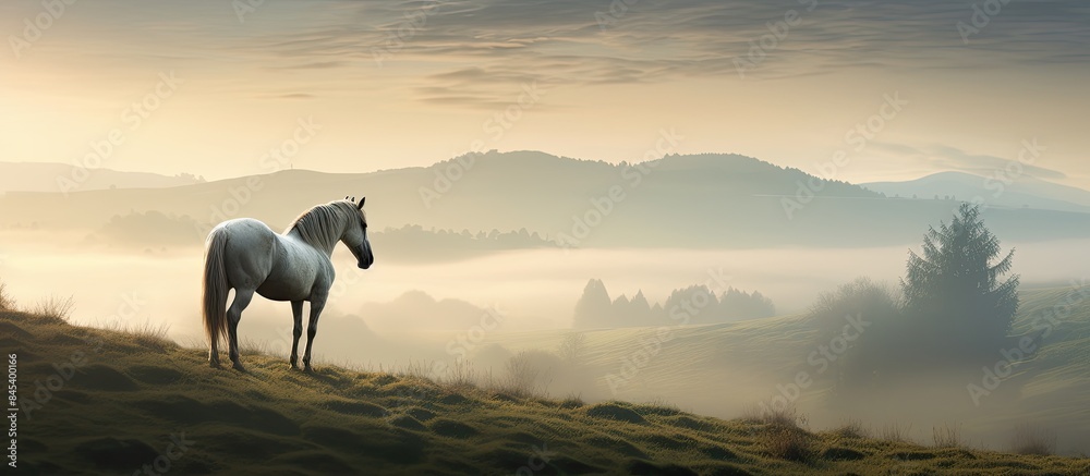 Aufkleber grey horse on a hill with the evening mist setting in the distance. creative banner. copyspace image