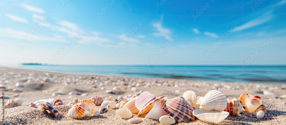 Poster shells on the beach in sand. creative banner. copyspace image
