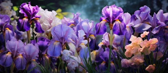 Purple Irises blooming in a garden. Creative banner. Copyspace image