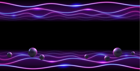 Empty Abstract Dark Wavy Neon Background in Retro Wave Style. Vector clip art for your music project design.