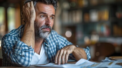 Obraz premium Middle aged man contemplating financial solutions in a cozy workspace