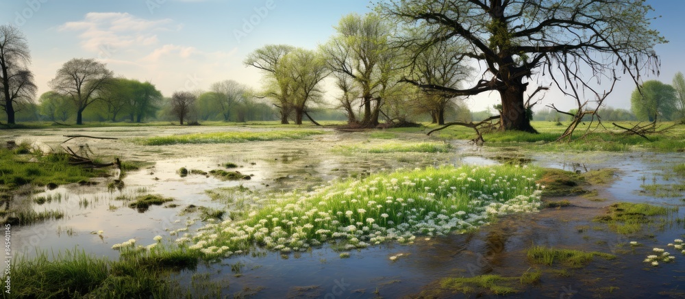 Poster spring high water and flooded meadows. creative banner. copyspace image