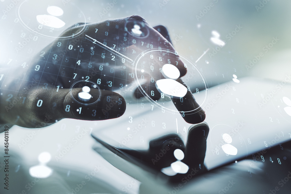 Poster social network media concept with finger presses on a digital tablet on background. double exposure