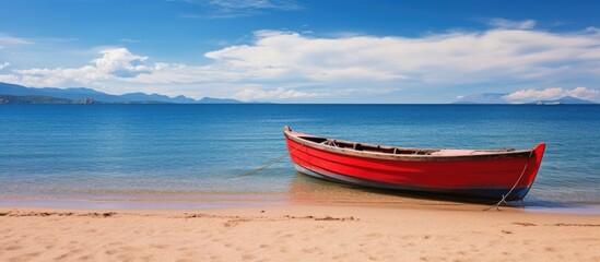 Naklejka premium Red Paddle Boat on Sardinia Beach. Creative banner. Copyspace image