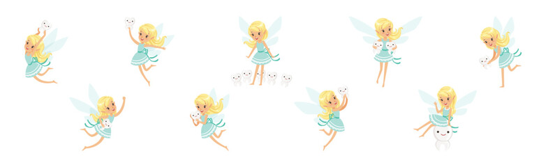 Blond Little Girl Tooth Fairy Flying with Wings Vector Set