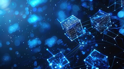 Cube technology on Converging point of circuit with Abstract blue background. Blockchain Network System. Big data storage processing, Cloud data, Internet Security, and Digital Technology