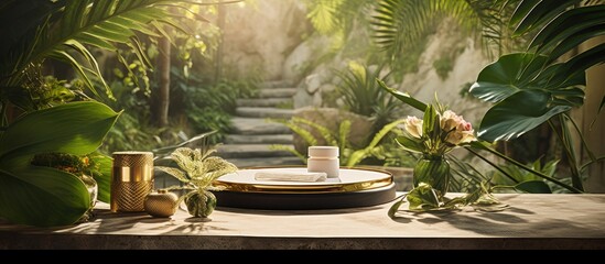 Jungle table background Interior table for a cosmetic item against the backdrop of tropical plants palms and jungle. Creative banner. Copyspace image