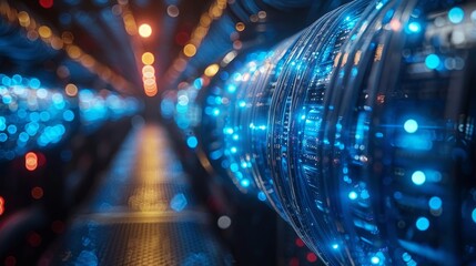An abstract representation of a data center with glowing blue LED lights and defocused elements