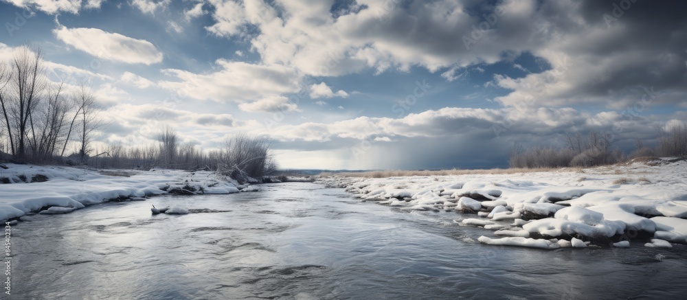 Sticker Spring ice drift on the river and cloudy sky. Creative banner. Copyspace image