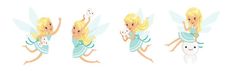 Blond Little Girl Tooth Fairy Flying with Wings Vector Set