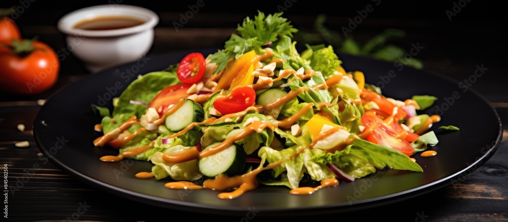 Poster diet and vegetarian salad of mixed vegetables and lettuce with peanut sauce served in a white plate 