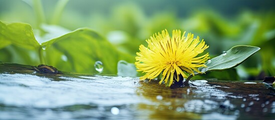 macro perspective on a yellow dandelion lying on a leaf in the water. Creative banner. Copyspace image