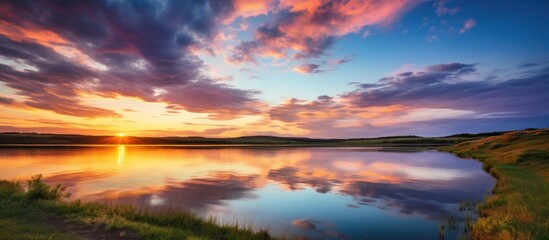 Obraz premium Sunset on a reservoir A sunset on a bolt with a green grass in the spring Beautiful bright clouds on a sunset. Creative banner. Copyspace image