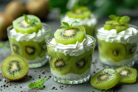 Fresh kiwi slices layered with cream in glass cups