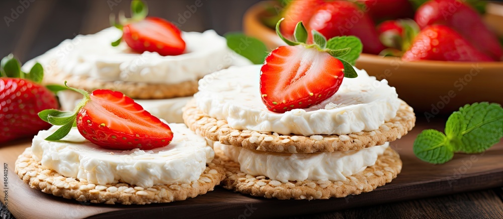 Sticker Round rice crackers with cream cheese and fresh fruit for dessert Vegetarian sandwiches with crispy bread and ripe strawberry. Creative banner. Copyspace image