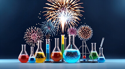 The test tubes and flasks in the chemistry laboratory, under the influence of chemical reactions, explode with fireworks cloud explosion effects, chemical experimental effects, and chemical reactions 