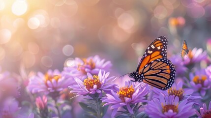 Obraz premium Monarch butterfly feeding on purple aster flower in summer floral background.
