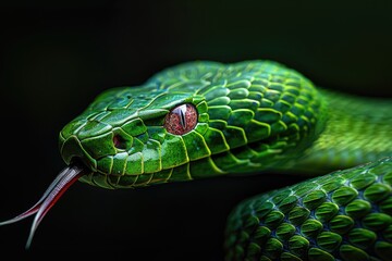 Fototapeta premium Close-up of a vibrant green snake with a detailed view of its scales, eye, and forked red tongue