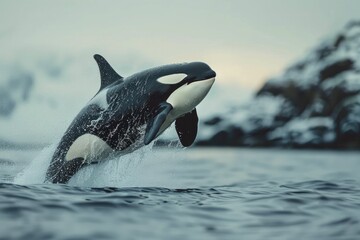 Obraz premium Jumping orca whale over water, Pacific ocean.