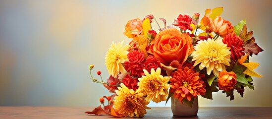 Autumn bouquet with yellow and orange flowers. Creative banner. Copyspace image