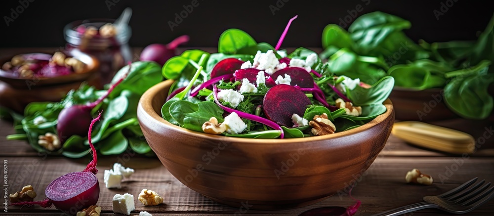 Aufkleber tasty spinach salad with boiled beetroot feta cheese walnut and red onion on wooden table healthy ve