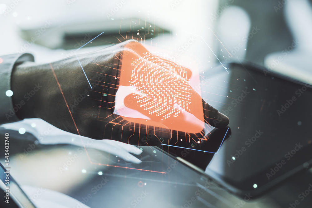 Aufkleber multi exposure of abstract fingerprint scan interface and hand working with a digital tablet on back
