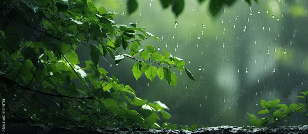 Poster wet leaves after raining in the nature. creative banner. copyspace image