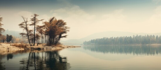 Obraz premium lake with buritis trees around. Creative banner. Copyspace image