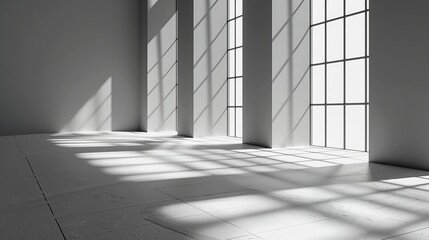 A gray background for product presentation, featuring shadows and light streaming in from windows.