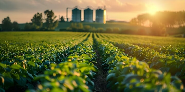 Biofuel plant in natural fields demonstrating sustainable bioenergy production and agriculture. Concept Sustainable Agriculture, Bioenergy Production, Renewable Energy, Plant-based Fuel